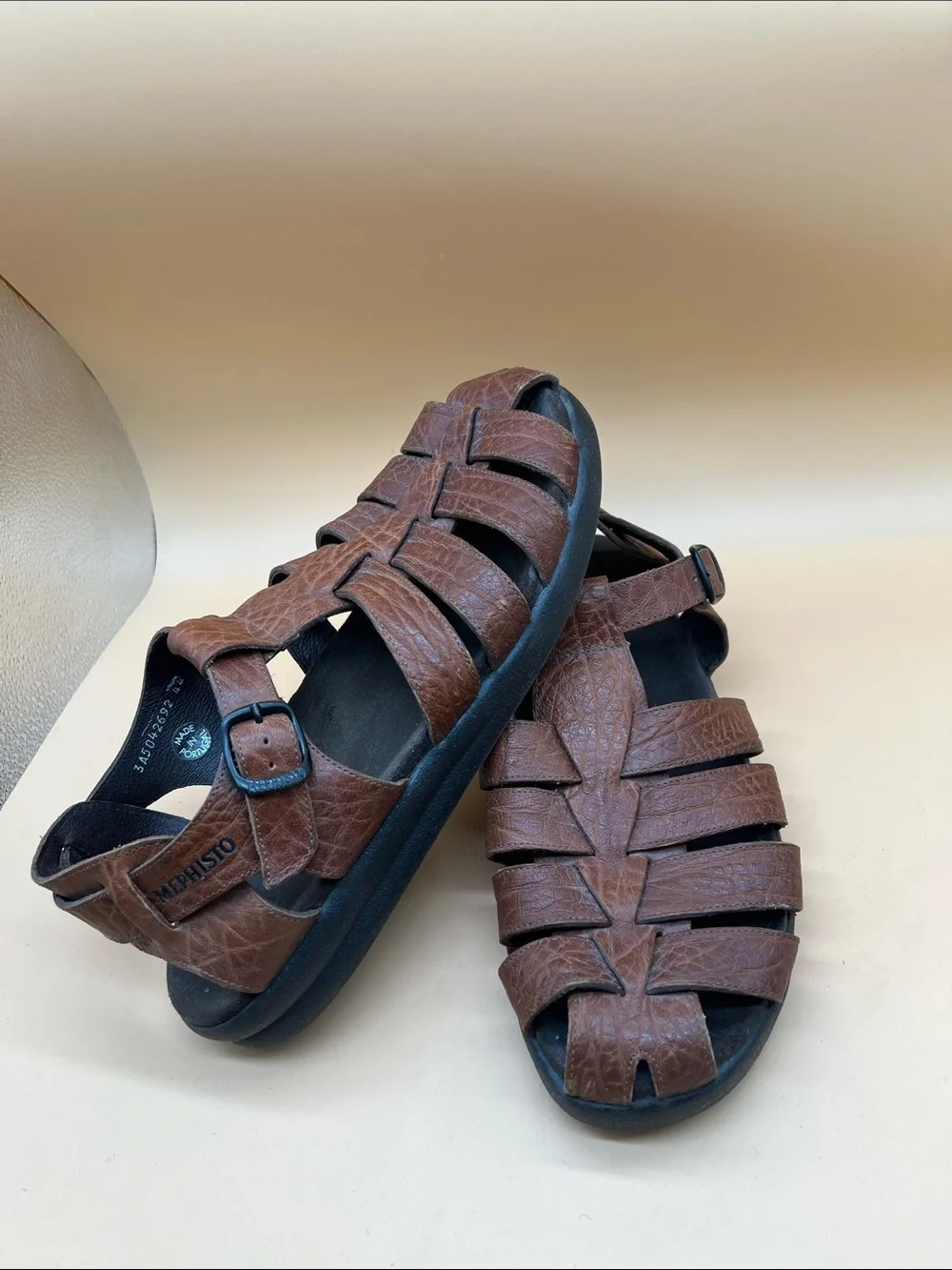 Mephisto Brown Leather Fisherman Sandals Men’s EU 44 US 10.5-11 Made in Portugal